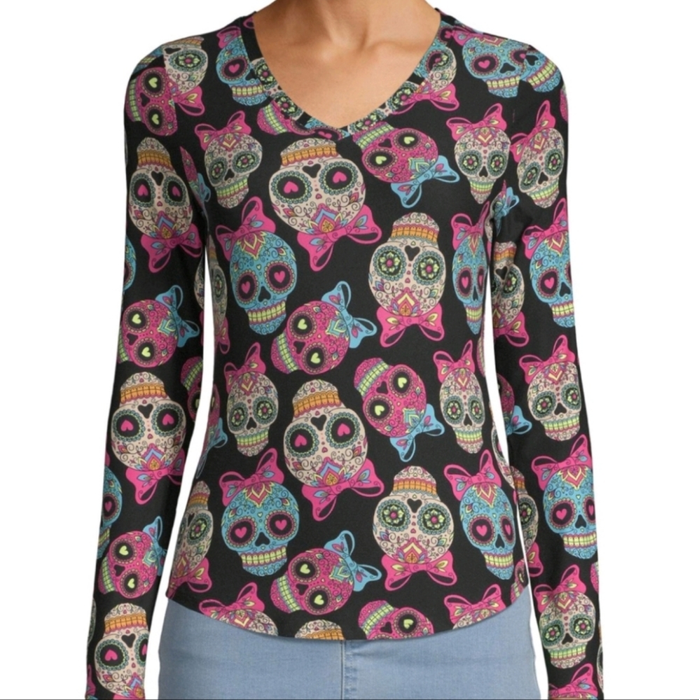 New Sugar Skulls Stretchy V Neck Top